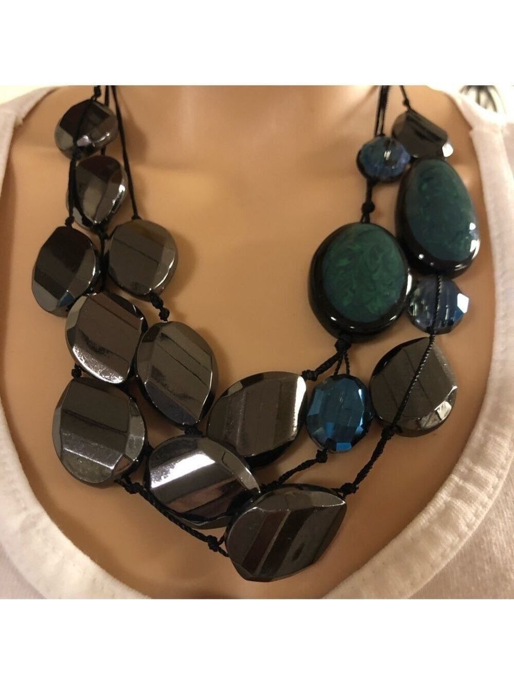 CHICOS Elegant Black and Blue and Silver Statement Necklace